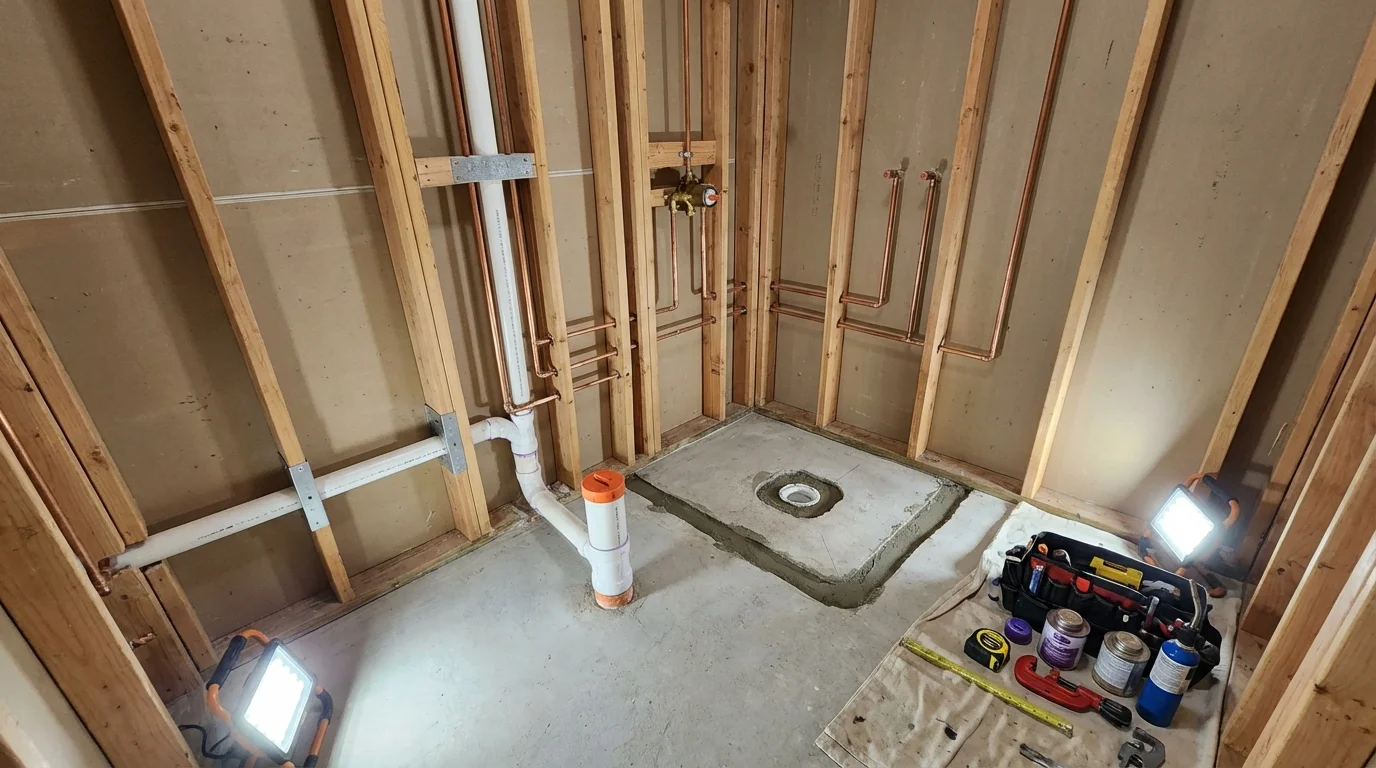 Bathroom rough-in plumbing during remodel by Johns Plumbing LLC in Margaret
