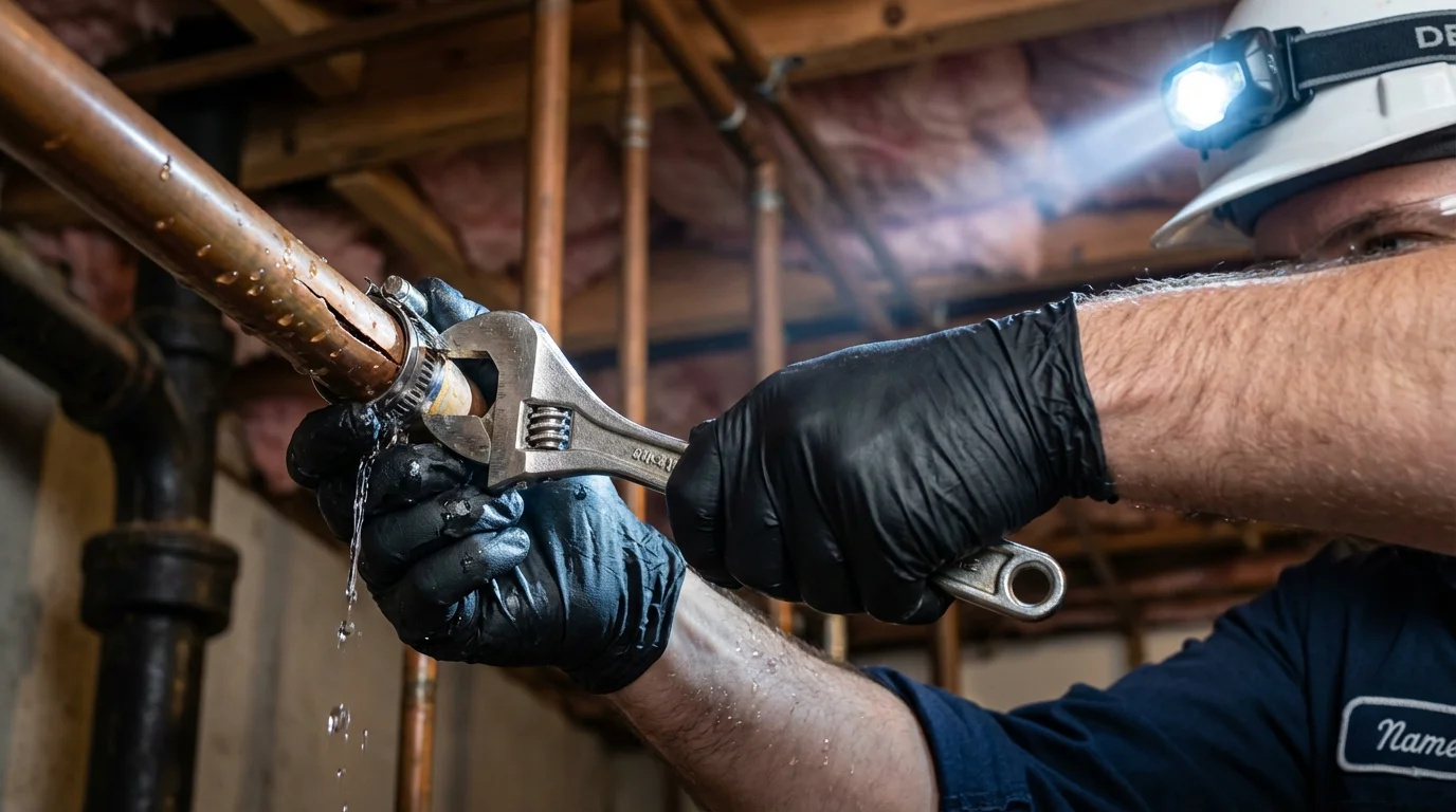 Emergency pipe clamp repair being performed by a Johns Plumbing LLC plumber in Margaret