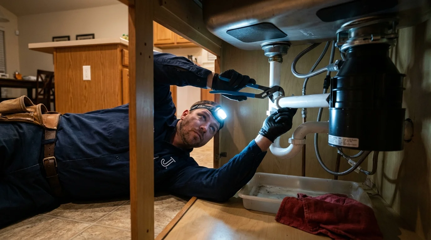 P-trap and supply line connections under a kitchen sink showing a common leak point in Margaret, AL